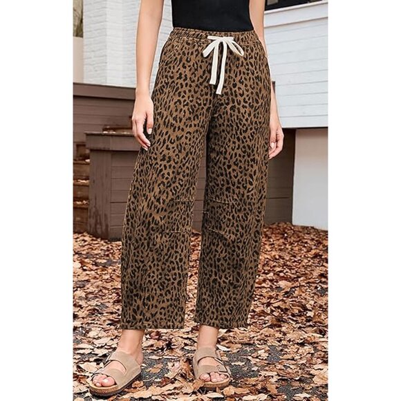 Women Baggy Cheetah Print Barrel Jeans Wide Leg Drawstring Casual - Picture 2 of 6